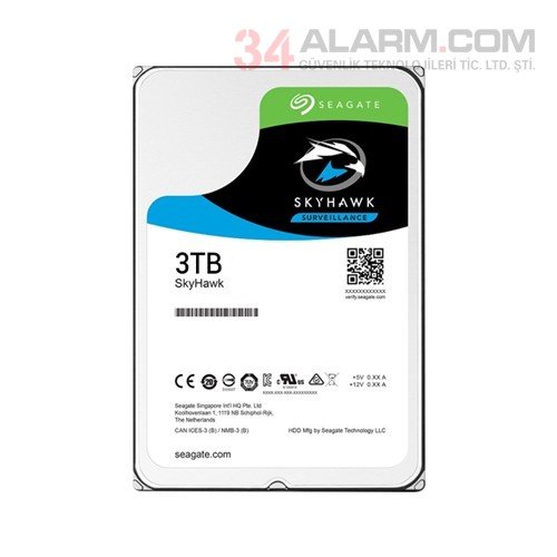 Seagate Skyhawk 3.5'' 3TB Sata 3.0 64MB 180Mb/s 5900Rpm 64HD Kamera 180TB/Yil Isyükü 7/24 Güvenlik Diski