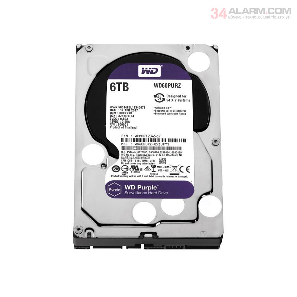 WD Purple 3.5'' 6TB 64MB SATA III 6Gb/s 7/24 Güvenlik