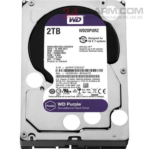 WD Purple 2TB 3,5'' SATA III 6Gbit/s 64MB 7/24 Güvenlik Kamerası Diski